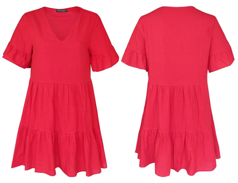 FANCYINN Womenâ€™s Red Cute Shift Tunic Dress Short Bell Sleeve V Neck Causal Swing Red Ruffle Mini Dress with Pockets L - Image 4